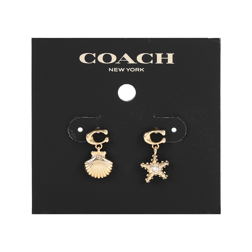 COACH 蔻馳 貝殼與水鑽海星造型針式耳環(金色)