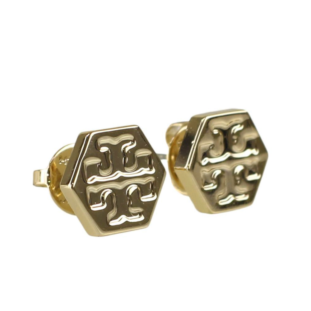 TORY BURCH 六角形壓印雙T-LOGO造型耳環-金