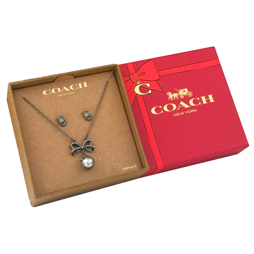 COACH 蔻馳 珍珠水鑽項鍊耳環禮盒組-灰