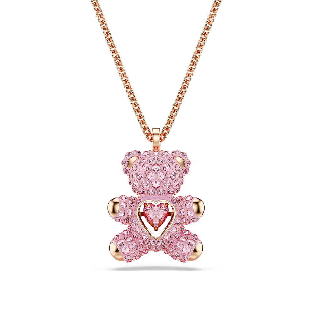 SWAROVSKI 施華洛世奇 Teddy 泰迪熊擁抱愛心粉色晶項鍊-玫瑰金