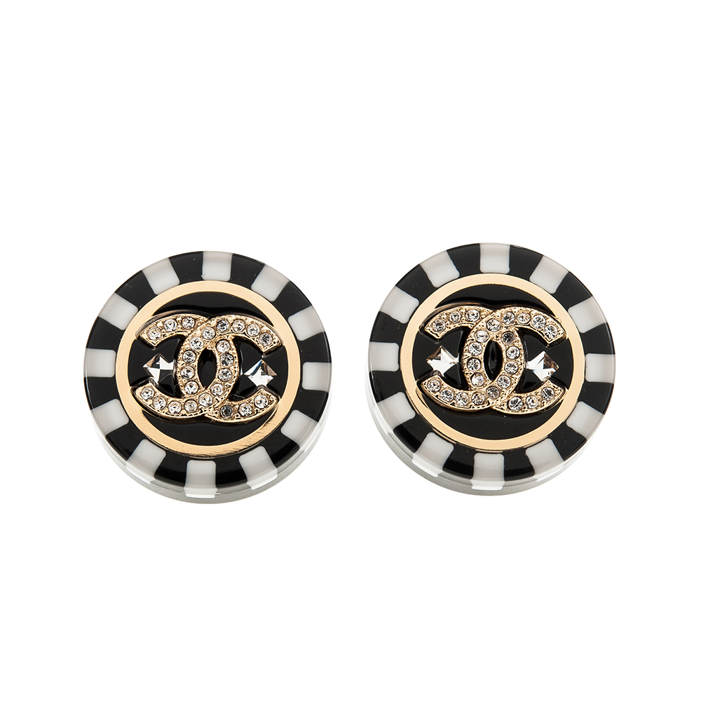 CHANEL 香奈兒 新款圓形壓克力C LOGO鑽造型穿式耳環