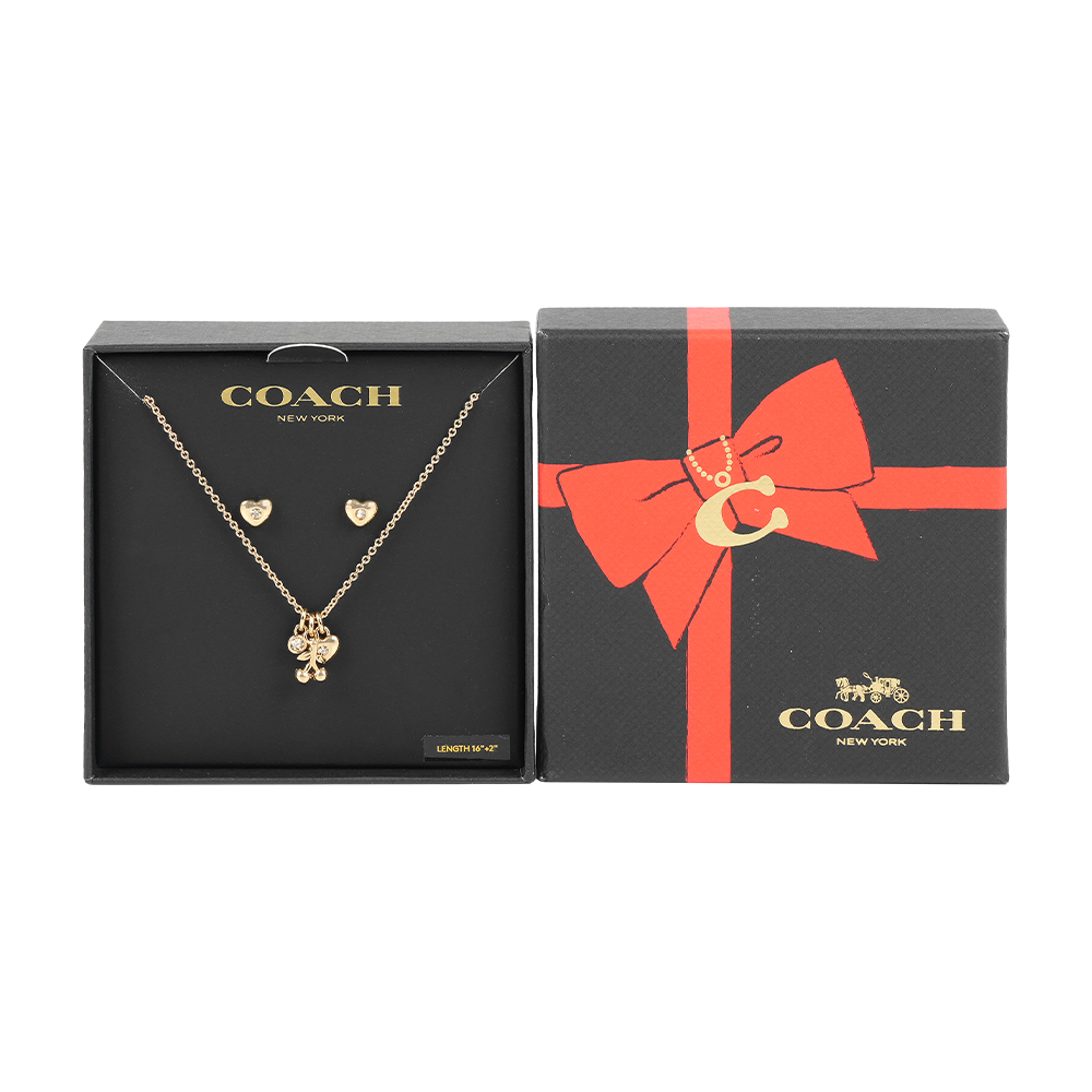 COACH 蔻馳 水鑽/愛心/櫻桃墜飾項鍊及愛心水鑽針式耳環禮盒組(金色)