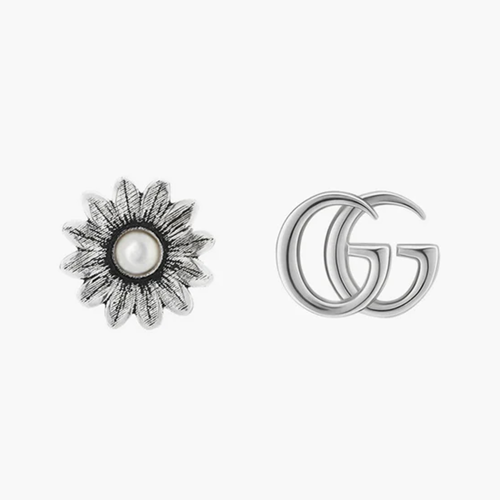 GUCCI 古馳 雙G花朵耳環 白色托帕石 925銀