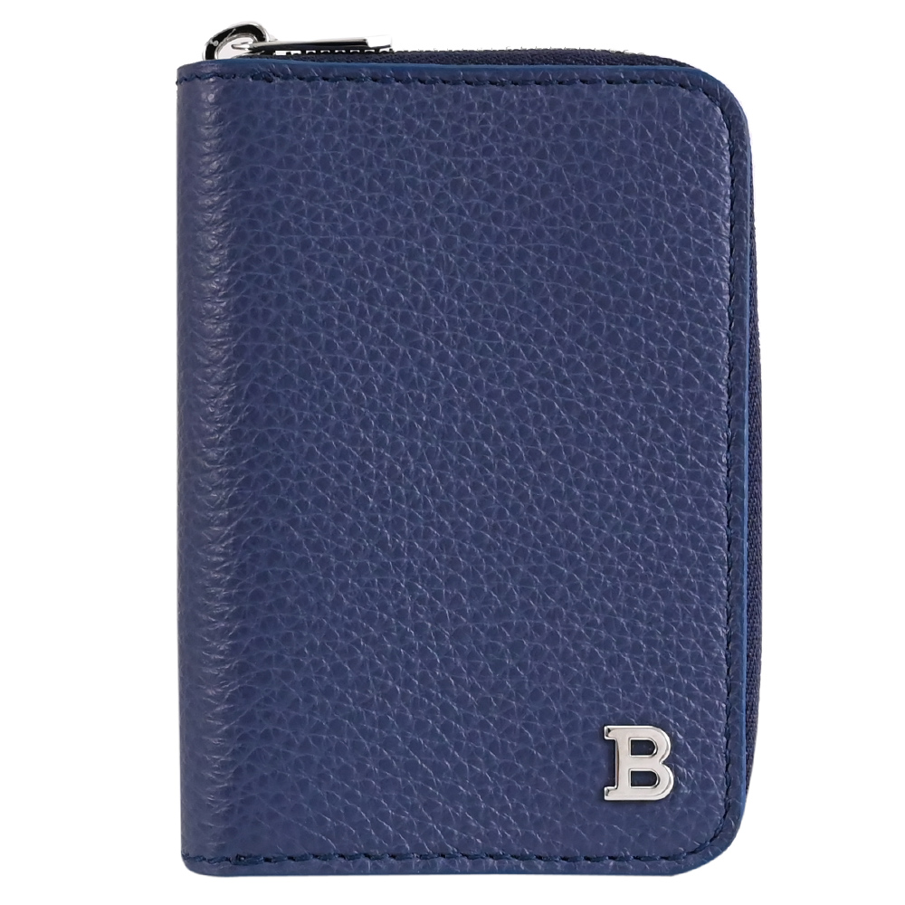 BALLY BALEE 金屬LOGO荔枝牛皮拉鍊卡片零錢包.深淵藍