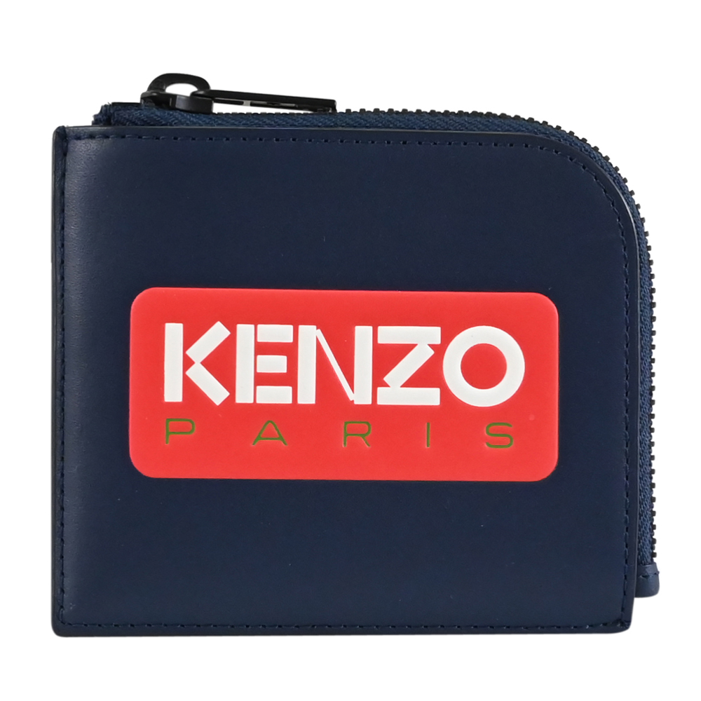 KENZO 高田賢三 壓印LOGO皮革L型拉鍊零錢包.深藍