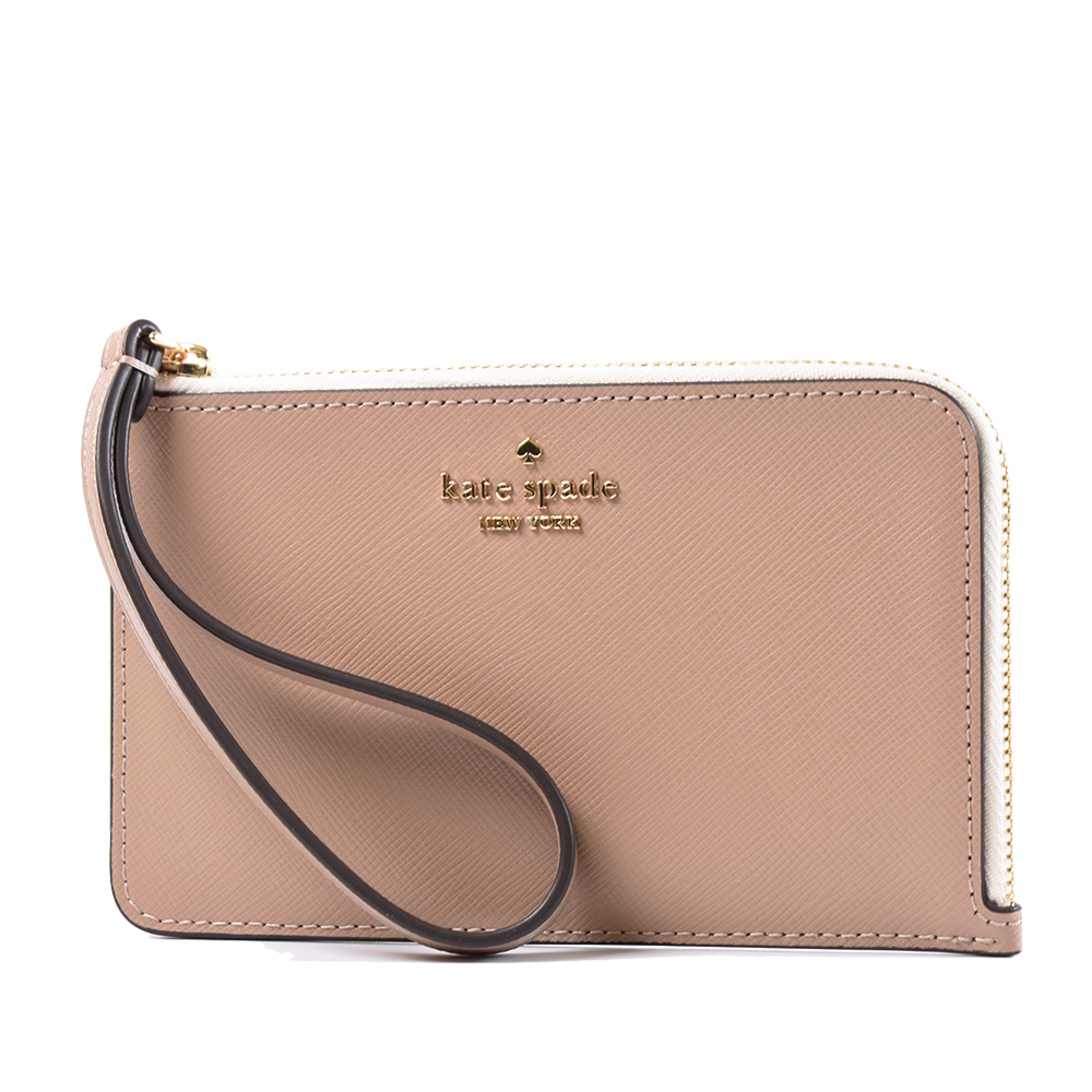 Kate Spade Lucy 防刮十字紋L型拉鍊手掛拉鍊證件/零錢包-奶茶色/白