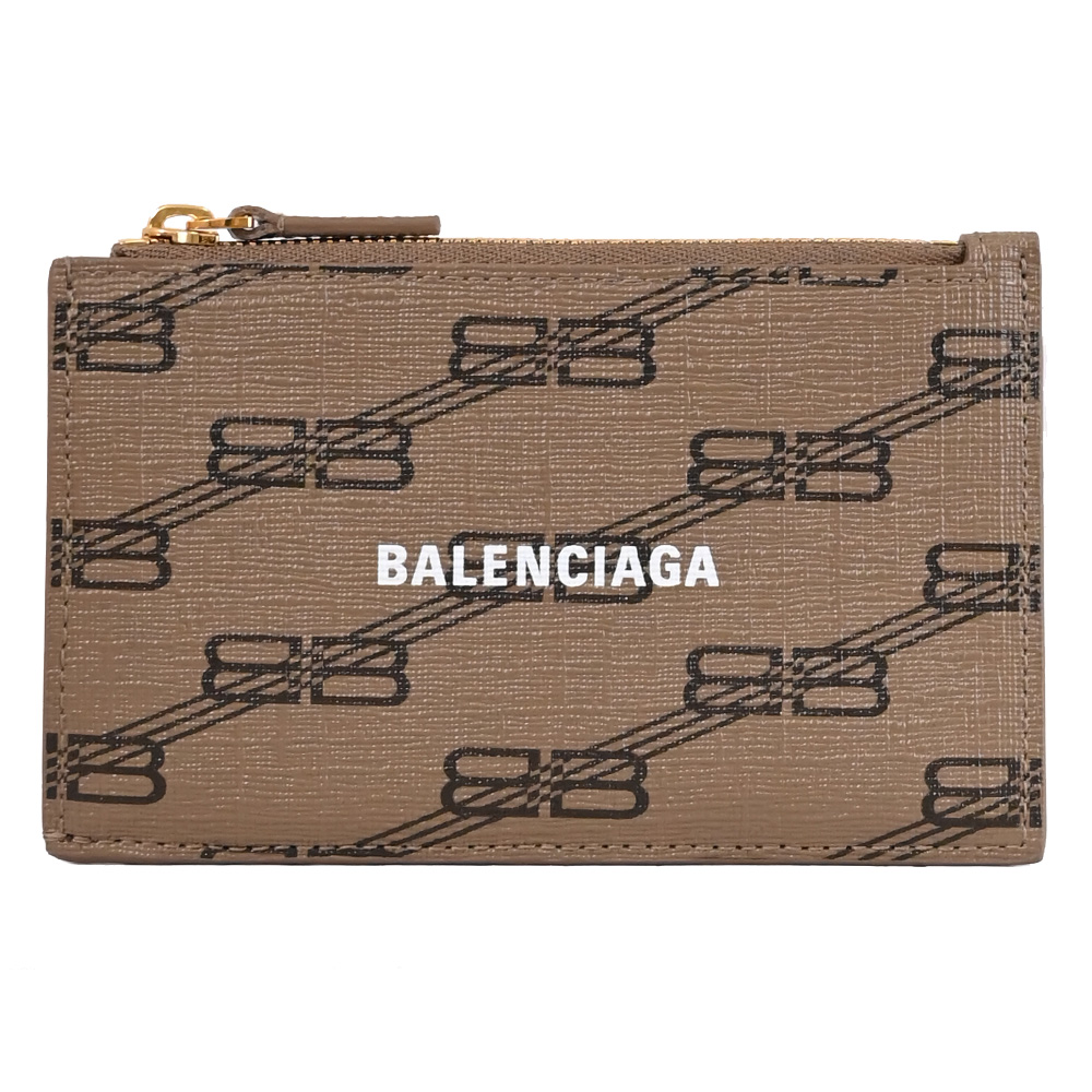 BALENCIAGA 巴黎世家 滿版印花LOGO拉鍊零錢卡包.咖