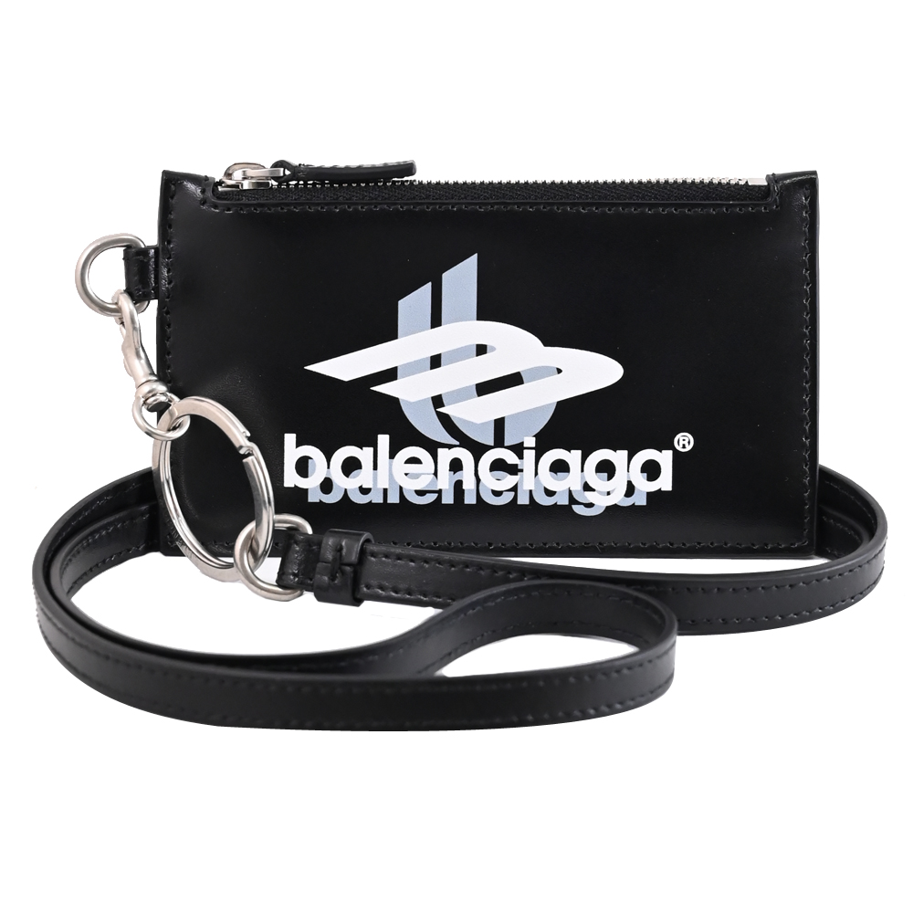 BALENCIAGA 巴黎世家 燙印LOGO頸掛式卡片零錢包.黑