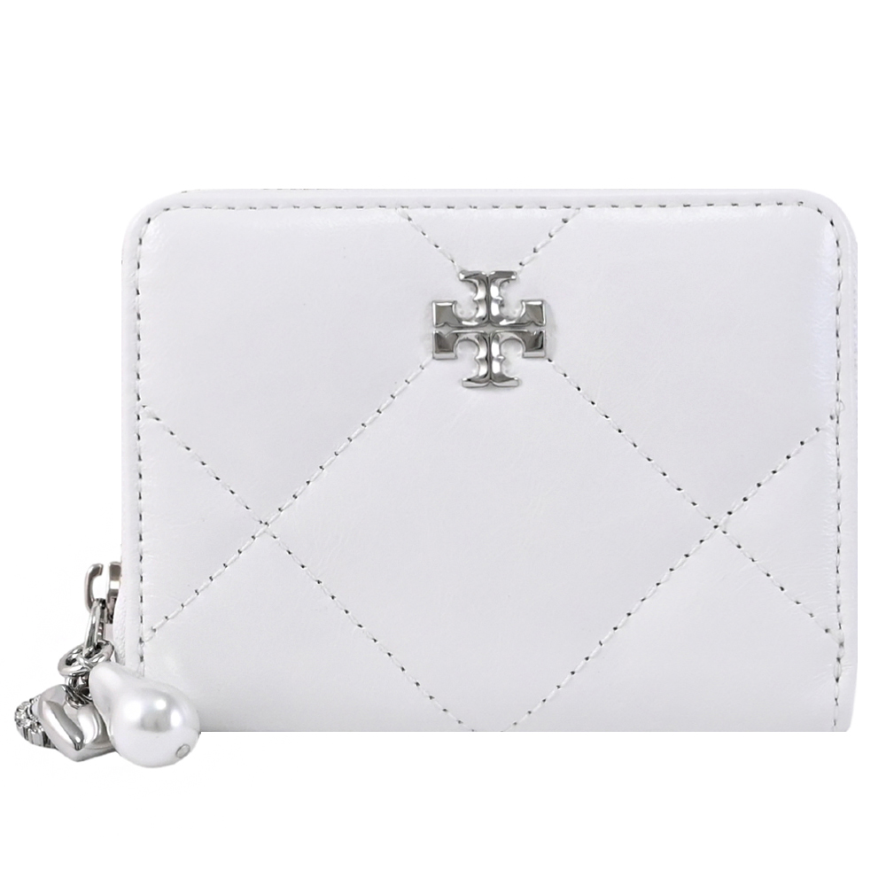 TORY BURCH 菱格絎縫珍珠愛心吊飾拉鍊零錢卡包.白