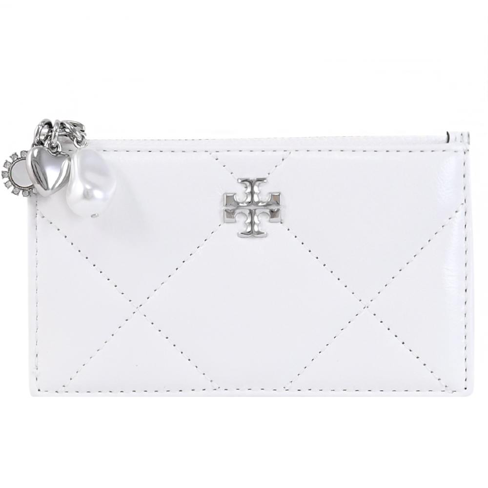 TORY BURCH 珍珠愛心吊飾拉鍊卡片零錢包.白