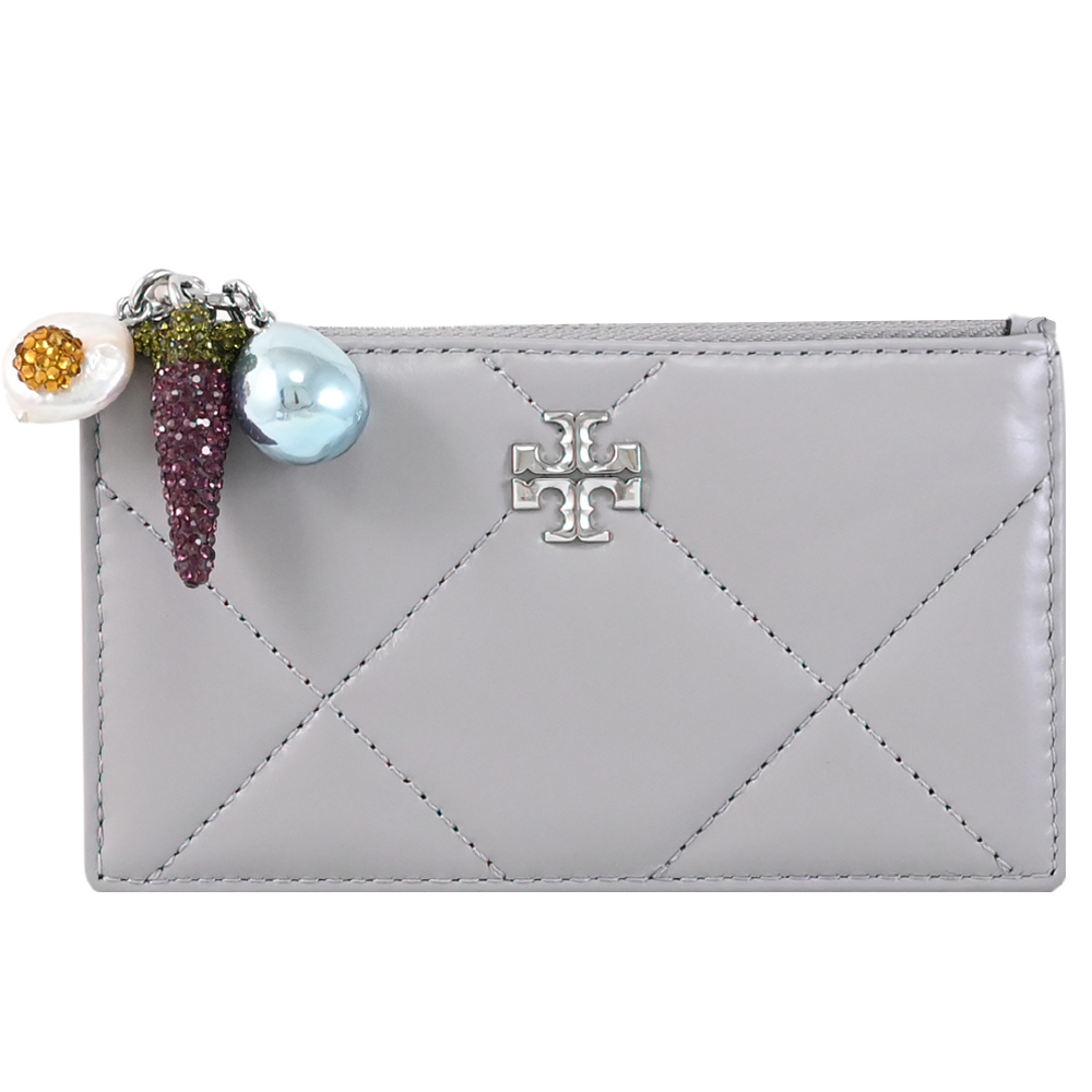 TORY BURCH 水鑽珍珠吊飾拉鍊卡片零錢包.灰