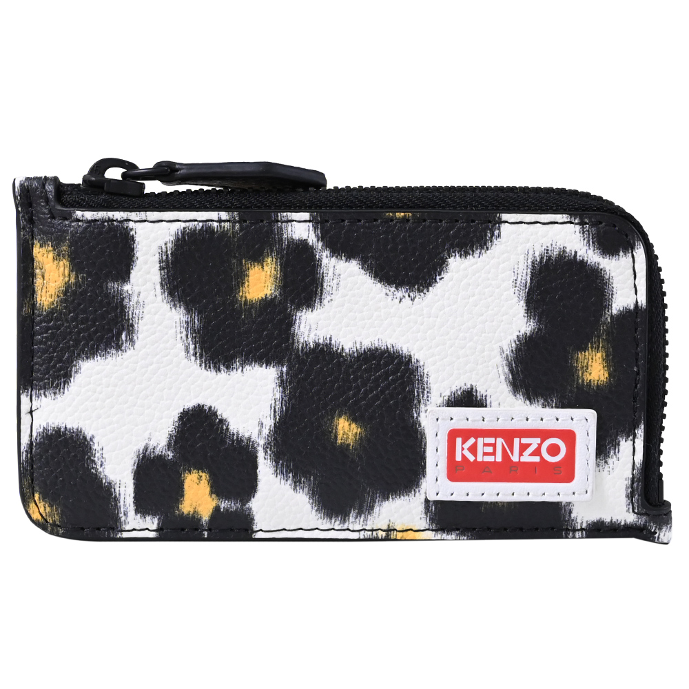 KENZO 高田賢三 海棠花豹紋印花L型拉鍊零錢卡包.黑/白