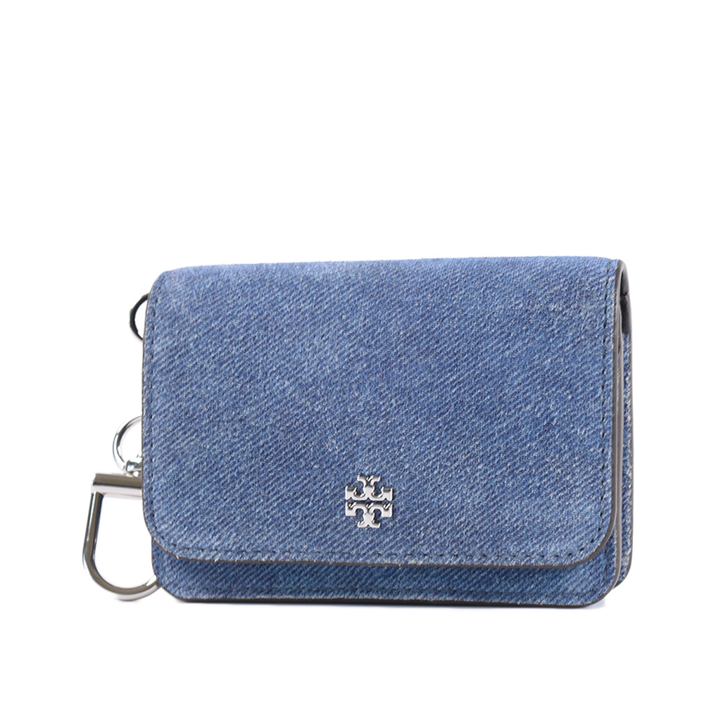 TORY BURCH EMERSON 麂皮絨單寧刷色釦式卡包/零錢包-單寧藍