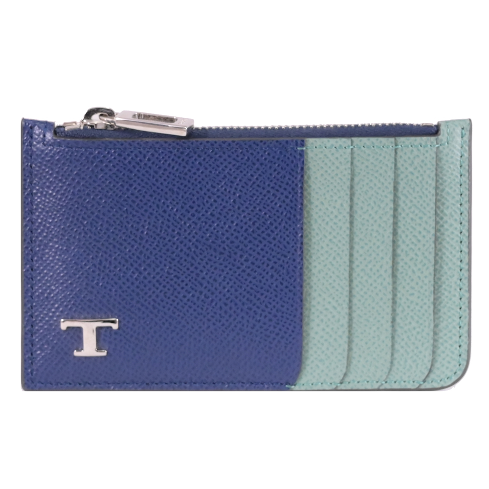 TOD'S T Timeless 金屬T LOGO撞色拉鍊卡片零錢包.藍綠