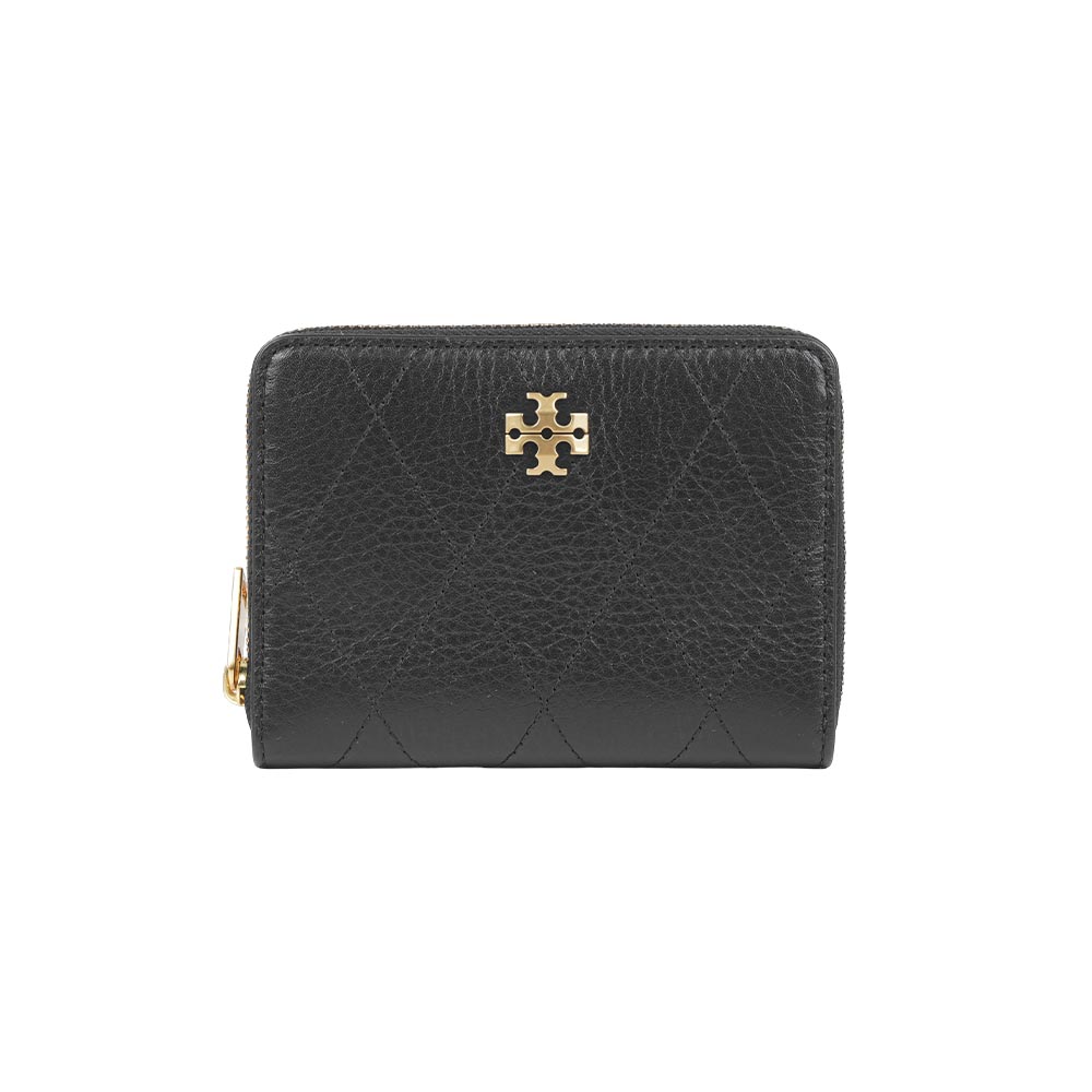 TORY BURCH Charlie 金釦粒紋皮革ㄇ形拉鍊零錢包/卡包(黑色)