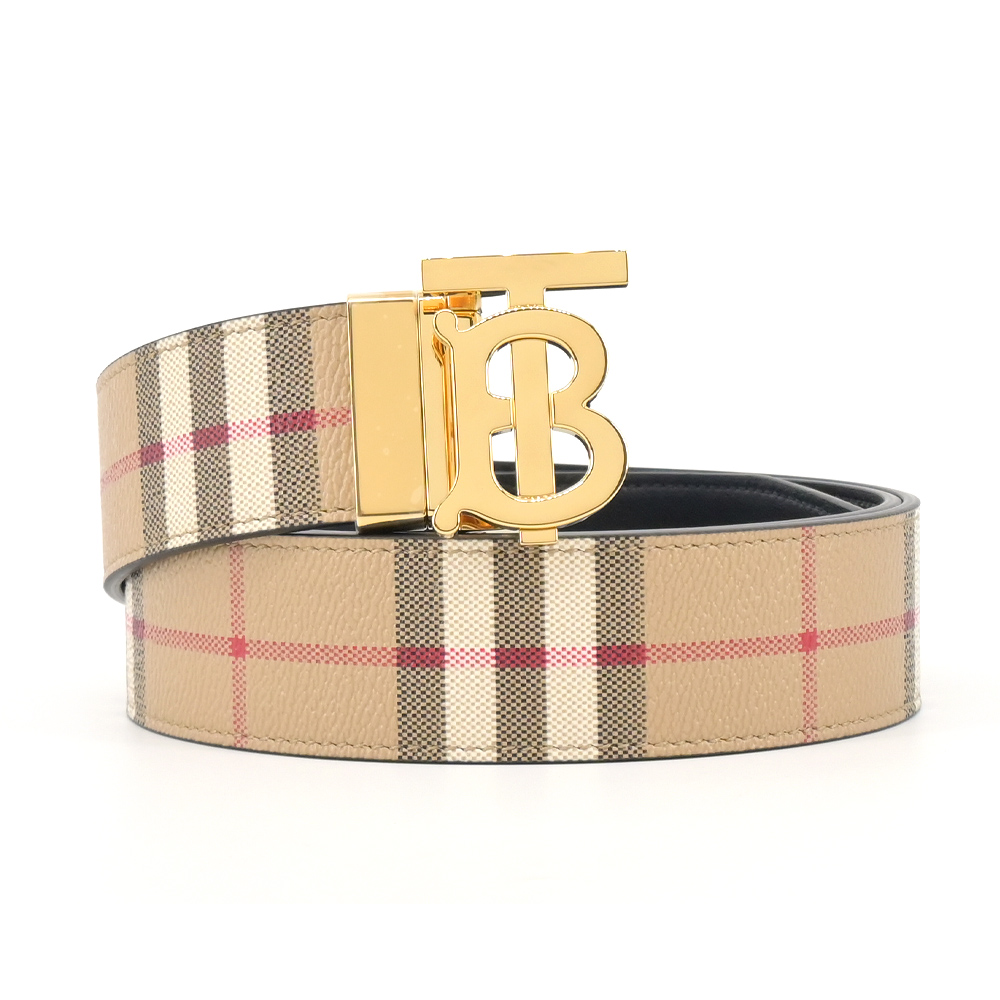 BURBERRY 巴寶莉 金字TB LOGO經典格紋拼接皮革雙面用男士皮帶(卡其)