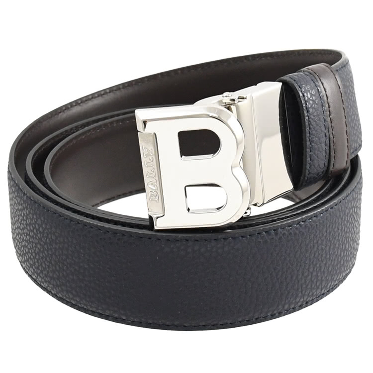 BALLY BISING 金屬B扣飾牛皮雙面皮帶.深藍/咖