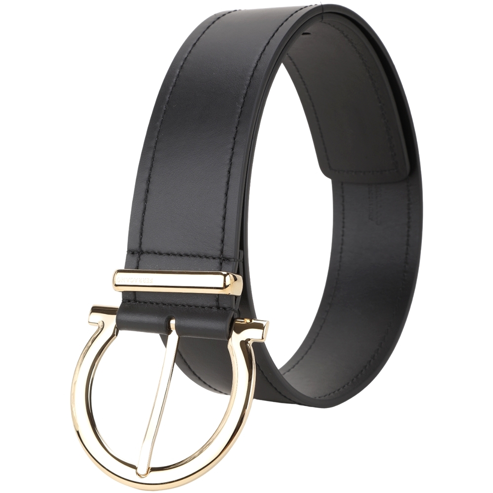 Salvatore Ferragamo Gancini 50mm 拋光金馬蹄扣寬版牛皮腰帶(黑色)