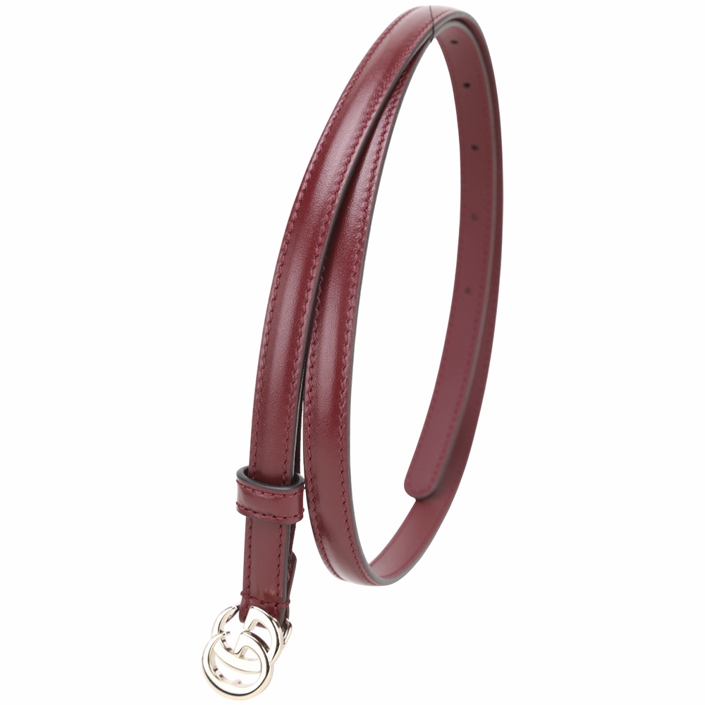 GUCCI 古馳 Milano 雙G字母滑面牛皮細版腰帶(1.2CM/深紅)