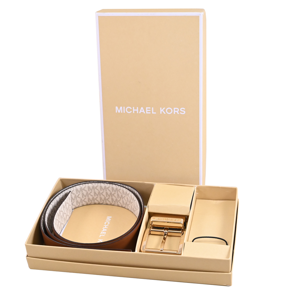 Michael Kors 經典小MK印花雙面皮帶禮盒組.白/咖【全新福利品】