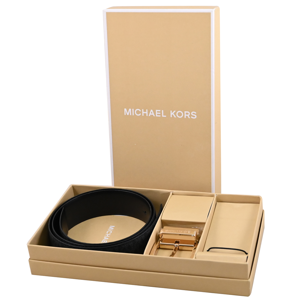 Michael Kors 經典小MK印花雙面皮帶禮盒組.黑灰【全新福利品】