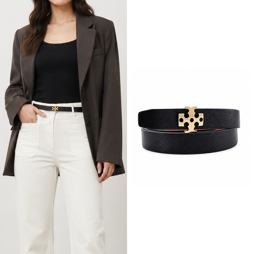 TORY BURCH ELEANOR牛皮雙面皮帶(黑金)