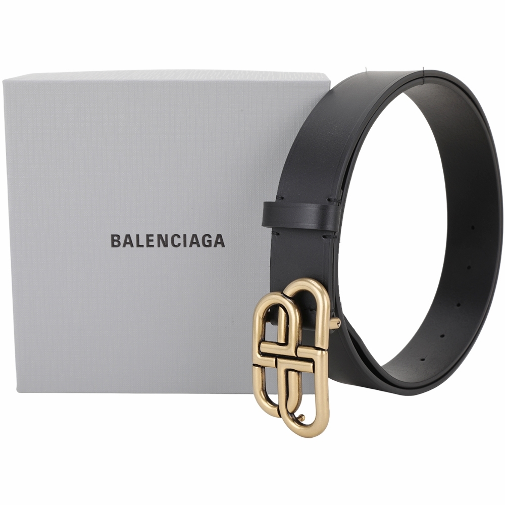 BALENCIAGA 巴黎世家 BB 35mm 金屬標誌牛皮腰帶(黑色)
