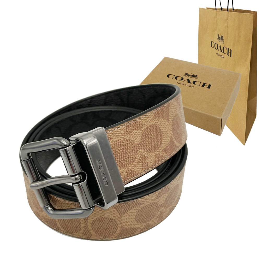 COACH 蔻馳 雙面用C LOGO男款寬版皮帶禮盒+紙袋(焦糖/黑灰)