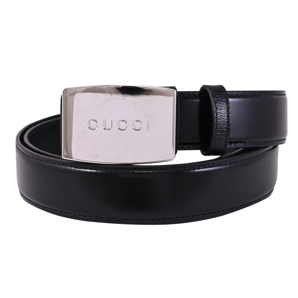 GUCCI 古馳 金屬刻印LOGO方形標誌雙面紋理皮帶.黑