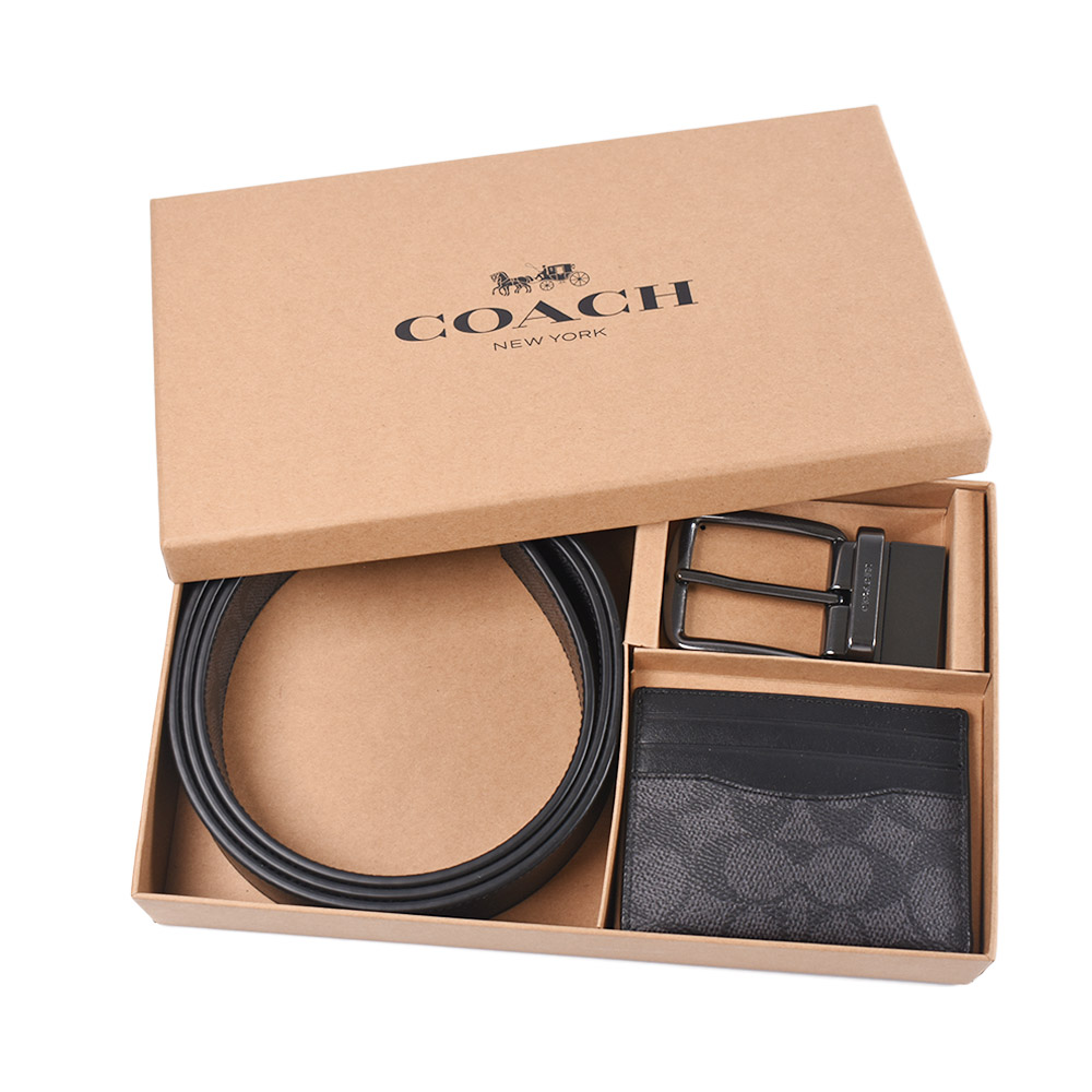 COACH 蔻馳 男款 緹花LOGO雙面用寬版皮帶名片夾禮盒組-灰黑色