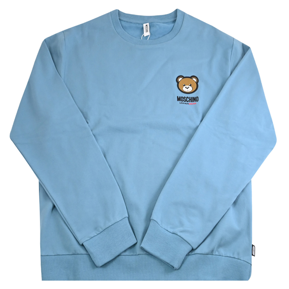 MOSCHINO 小熊LOGO棉質薄刷毛長袖大學T恤/衛衣.淺藍