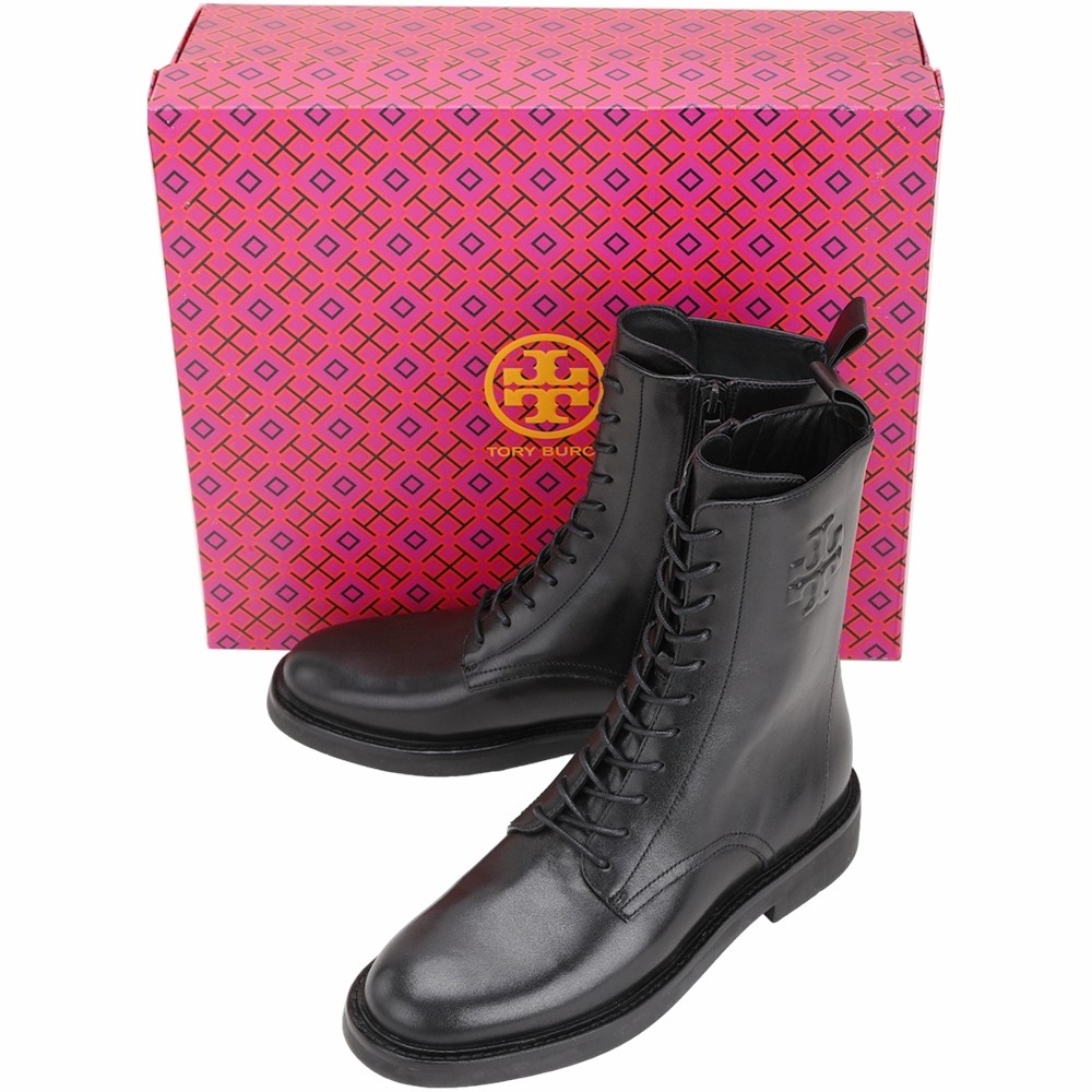 TORY BURCH 雙T浮雕牛皮繫帶中筒軍靴(黑色)
