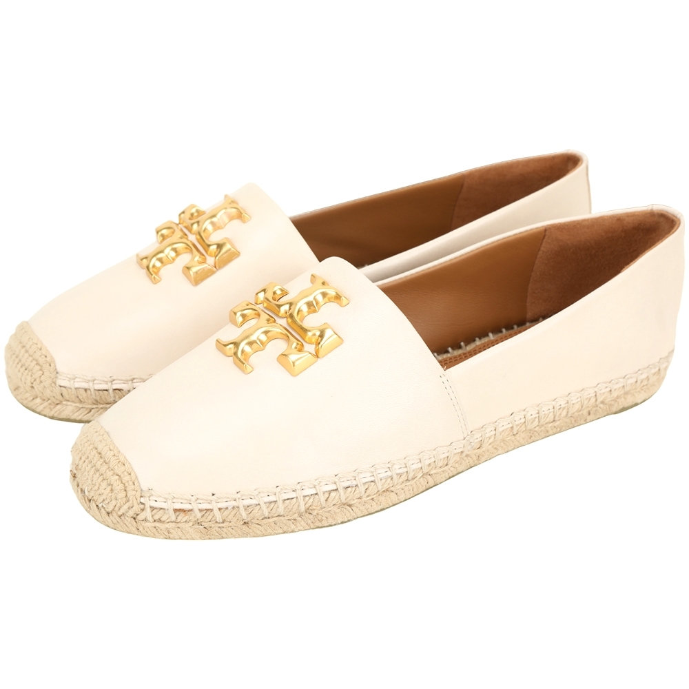 TORY BURCH Eleanor 雙T山羊皮草編鞋(奶油白)