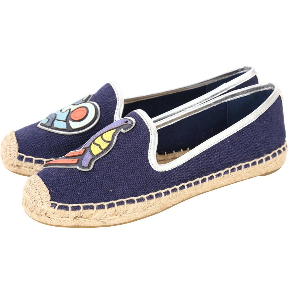 TORY BURCH Parrot Mismatched彩繪圖騰麻編休閒鞋(藍色)