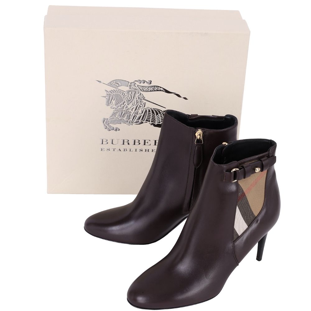 BURBERRY 巴寶莉 展示品 HOUSE 酒紅色格紋拼接踝靴(右腳底白汙.左腳皮革刮)