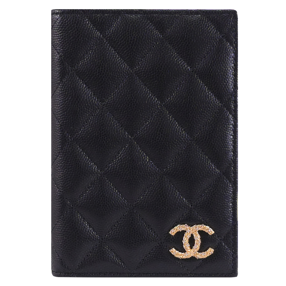 CHANEL 香奈兒 水鑽雙C LOGO對開護照夾/萬用皮夾.黑/金