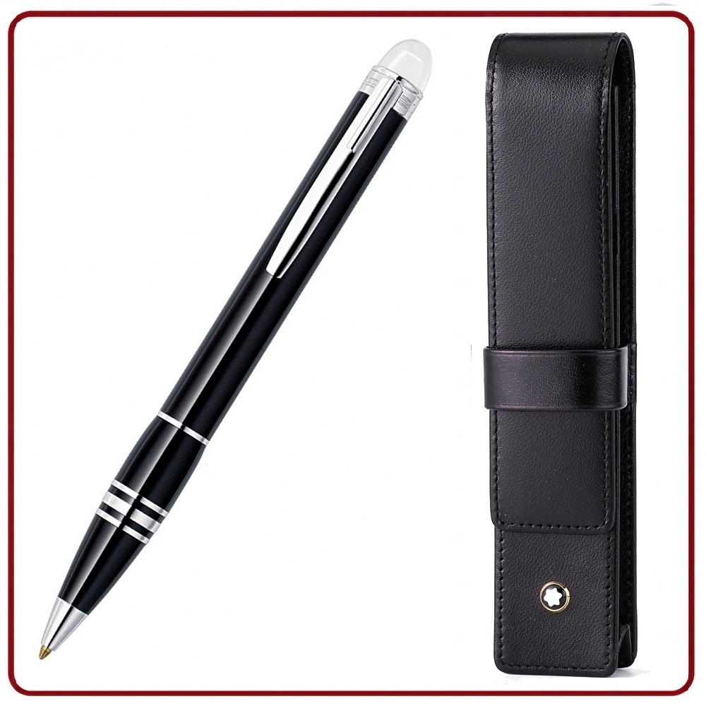 MONTBLANC 萬寶龍 飄浮黑 白夾原子筆 + 小牛皮一入式筆套 限量一組