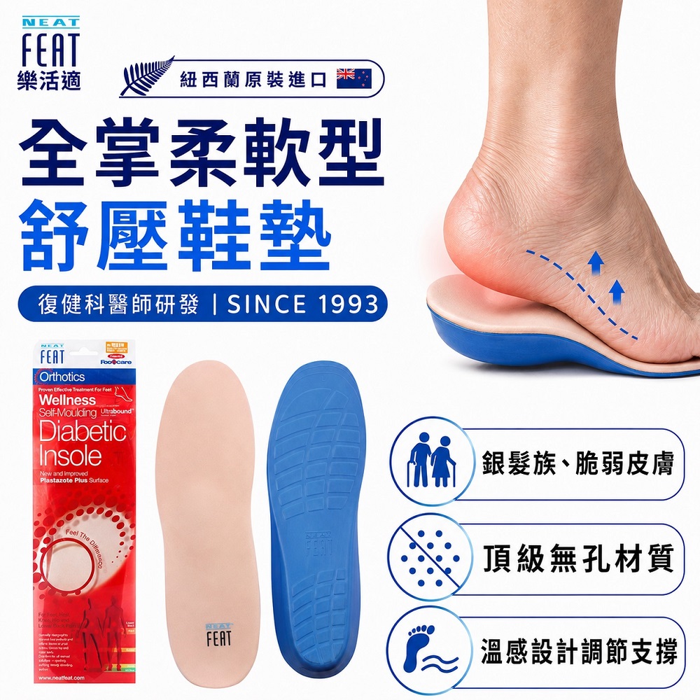 Neat Feat 樂活適 全掌柔軟型舒壓鞋墊 紐西蘭 原裝公司貨 銀髮 足部皮膚問題 男女適用