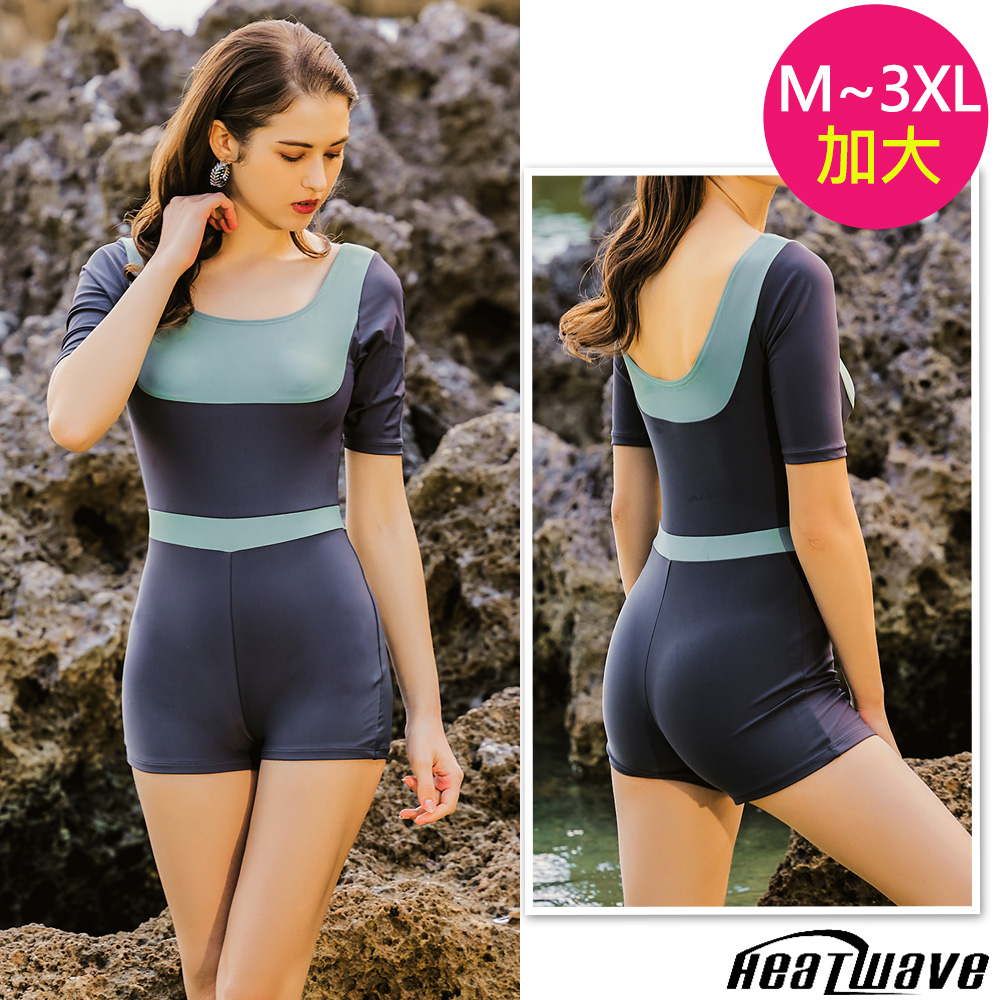 Heatwave 熱浪 加大特大連身萊克泳裝 五分袖防曬浮潛(M-3XL)3126