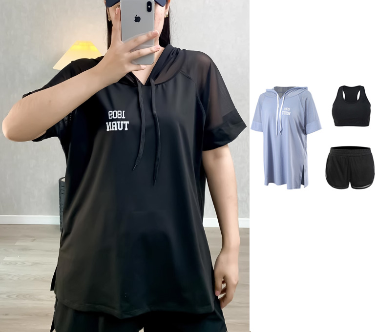 Biki 比基尼妮 艾芭三件式連帽網紗泳衣泳裝短褲(M-3L)