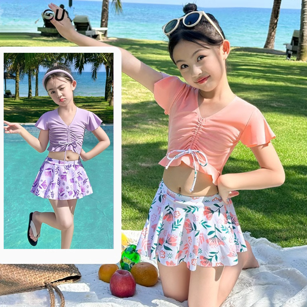 Biki 比基尼妮 泳衣莫莉短袖抽繩二件式短裙大童泳裝(3-5L)（其他規格）