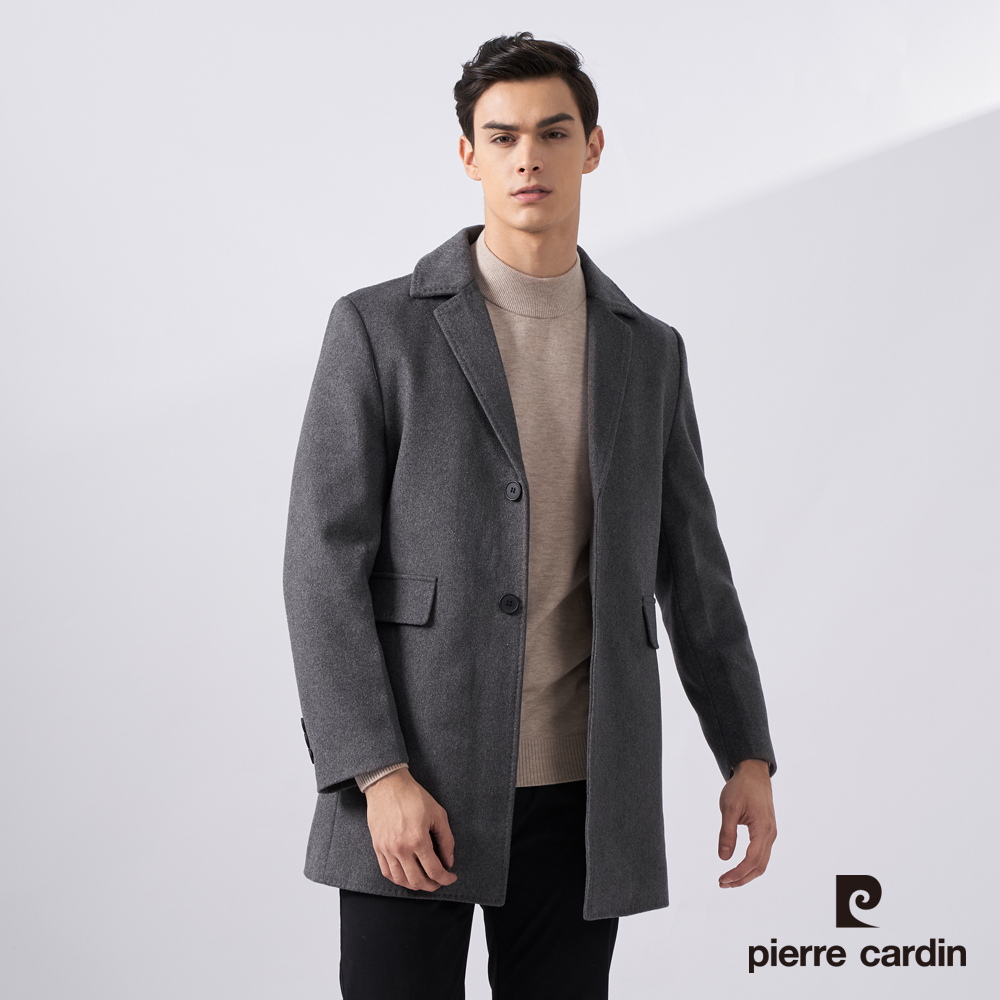 Pierre Cardin 皮爾卡登 男款 都會休閒翻領羊毛尼羽絨大衣外套-灰色 (7225732-95)