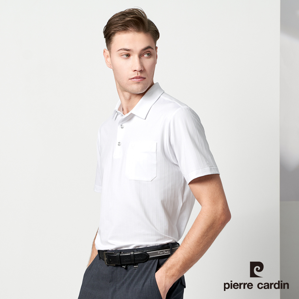 Pierre Cardin 皮爾卡登 男款 吸濕排汗彈性素色直條短袖襯衫領polo衫-白色 (5237203-90)