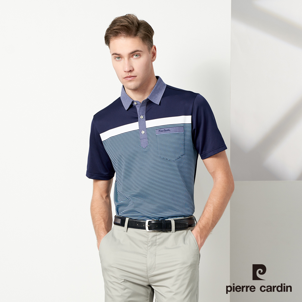 Pierre Cardin 皮爾卡登 男款 吸濕排汗彈性襯衫領定位條紋短袖polo衫-深藍色 (5237205-38)