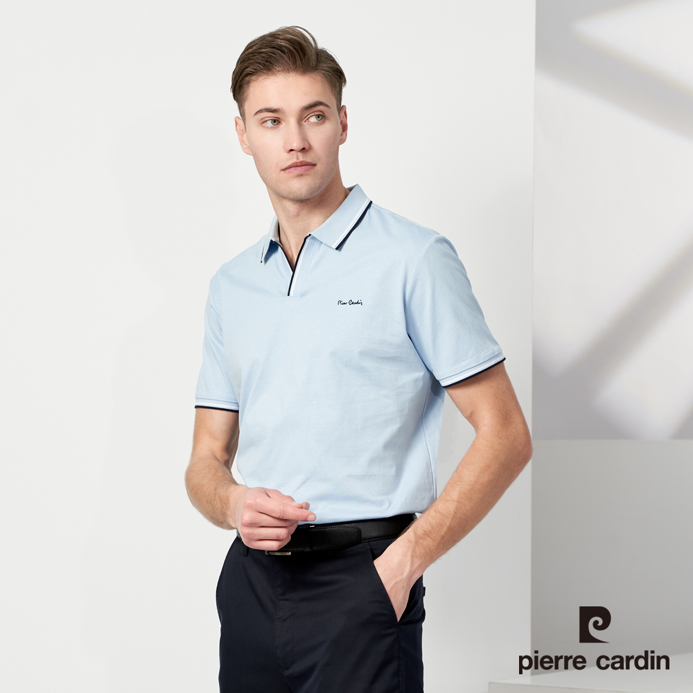 Pierre Cardin 皮爾卡登 男款 棉質混紡素色短袖polo衫-水藍色 (5237211-35)