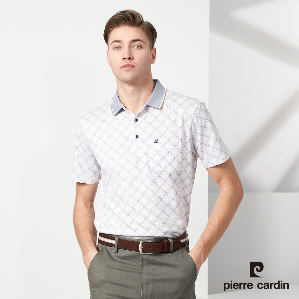 Pierre Cardin 皮爾卡登 男款 棉質混紡點點方格印花短袖POLO衫-卡其色 (5237252-84)