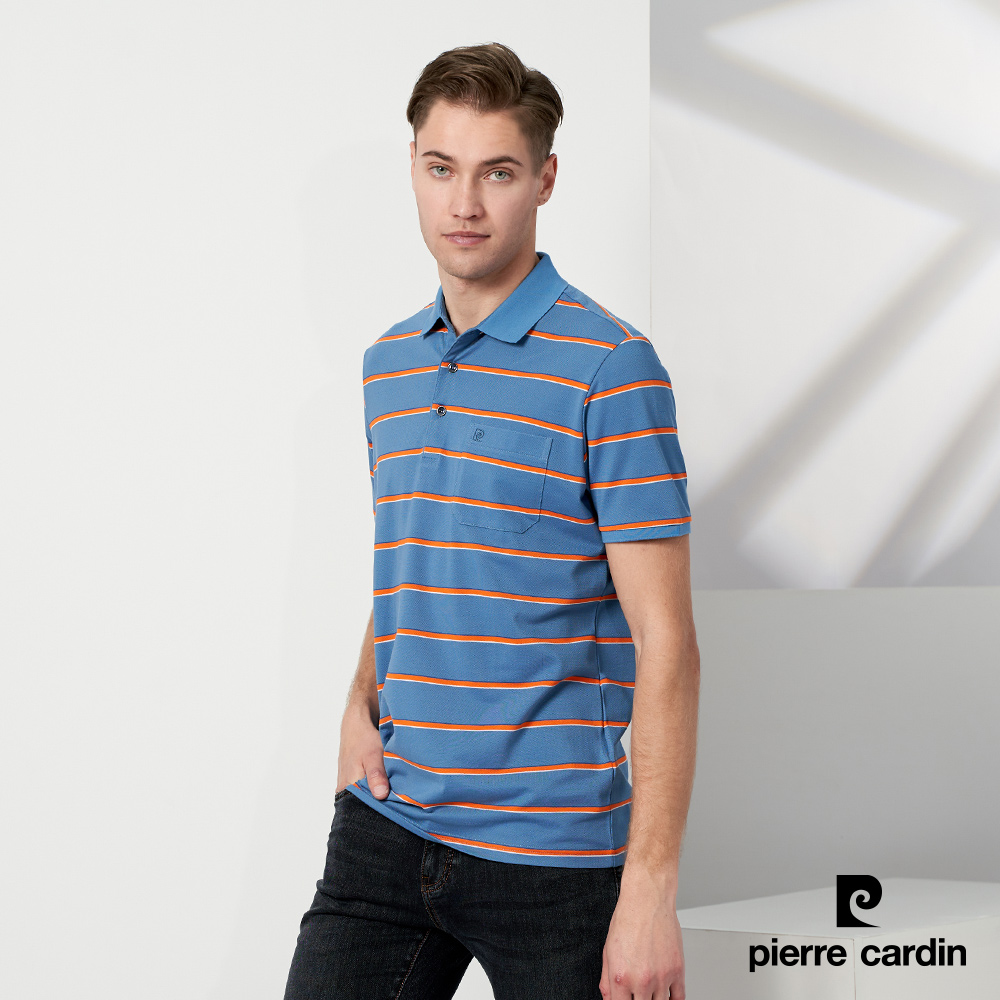 Pierre Cardin 皮爾卡登 男裝 橫條短袖POLO衫-藍色 (5237261-36)