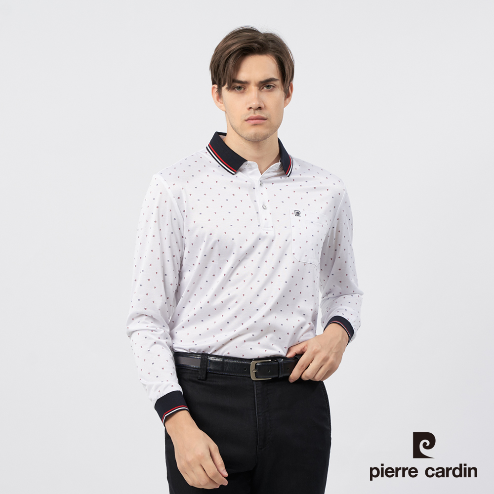 Pierre Cardin 皮爾卡登 男裝 小圖案印花長袖POLO衫-紅色 (5235255-78)
