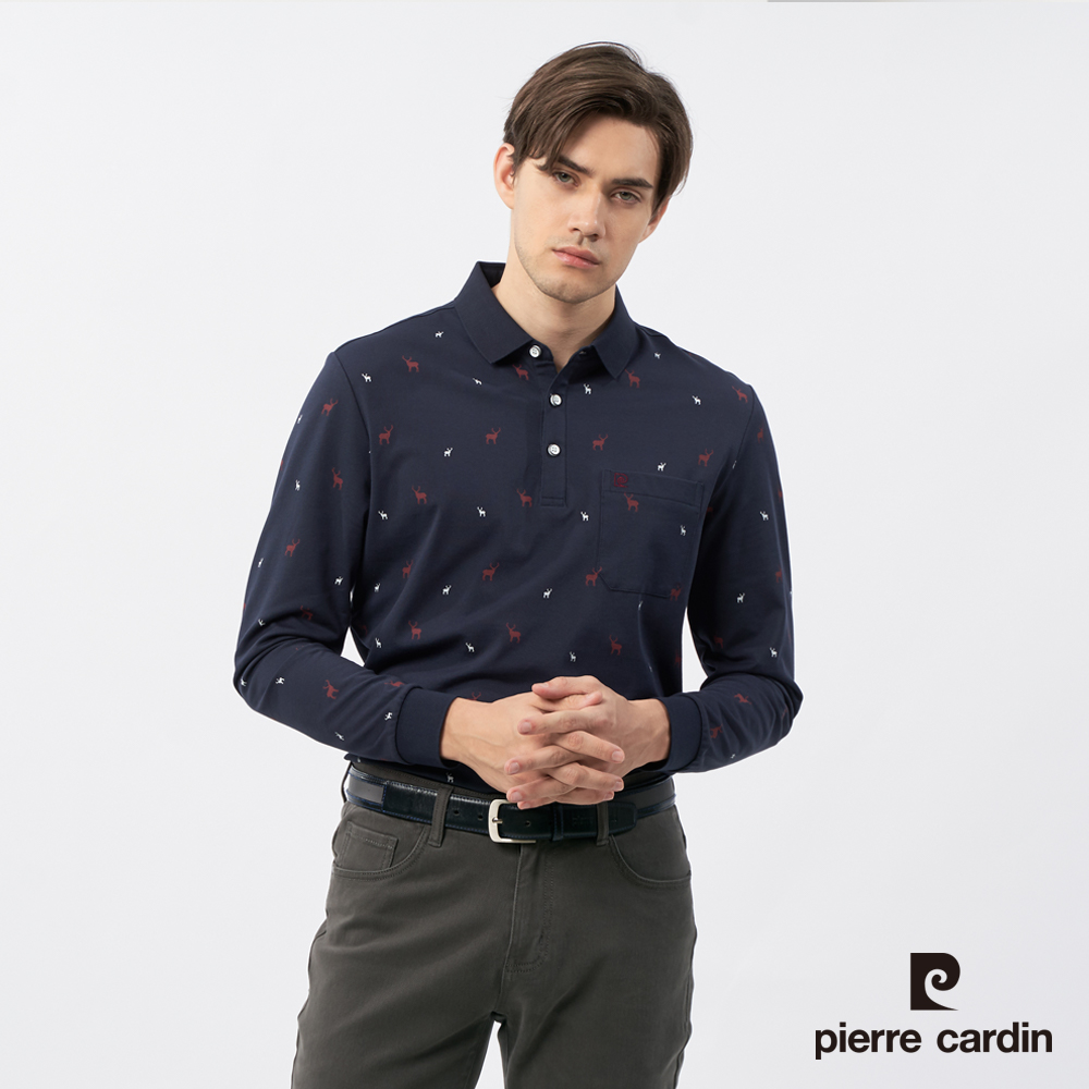 Pierre Cardin 皮爾卡登 男裝 麋鹿印花長袖POLO衫-丈青色 (5235263-38)