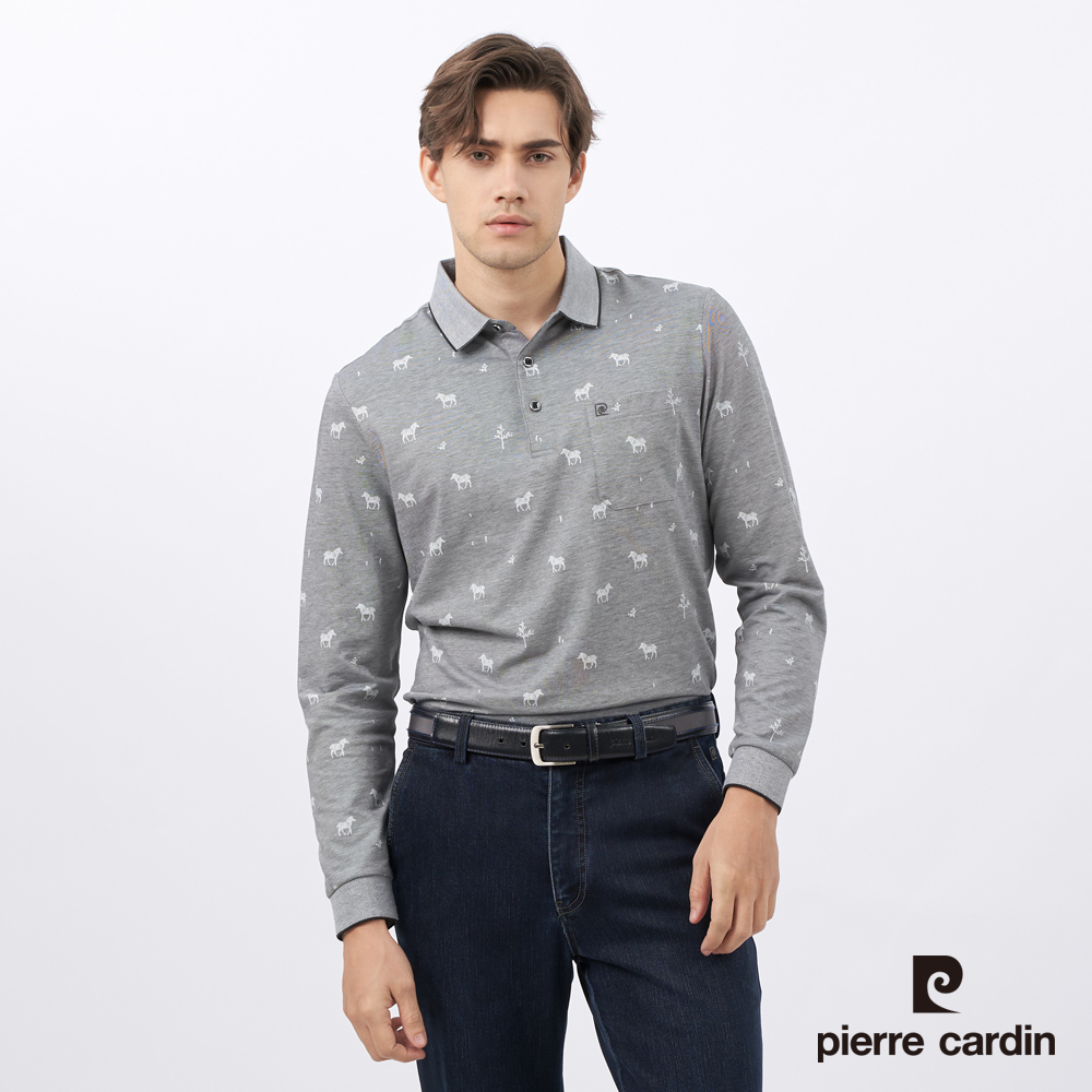 Pierre Cardin 皮爾卡登 男裝 雙色斑馬印花長袖POLO衫-深灰色 (5235267-96)